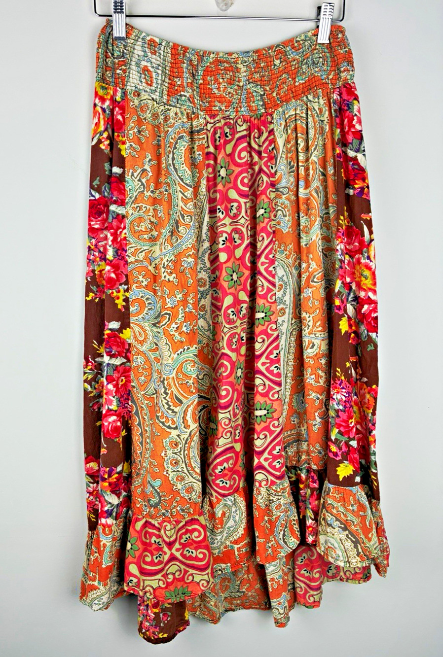 Motherhood Maternity Maxi Skirt M Patchwork Paisley Floral Boho Festival Smocked